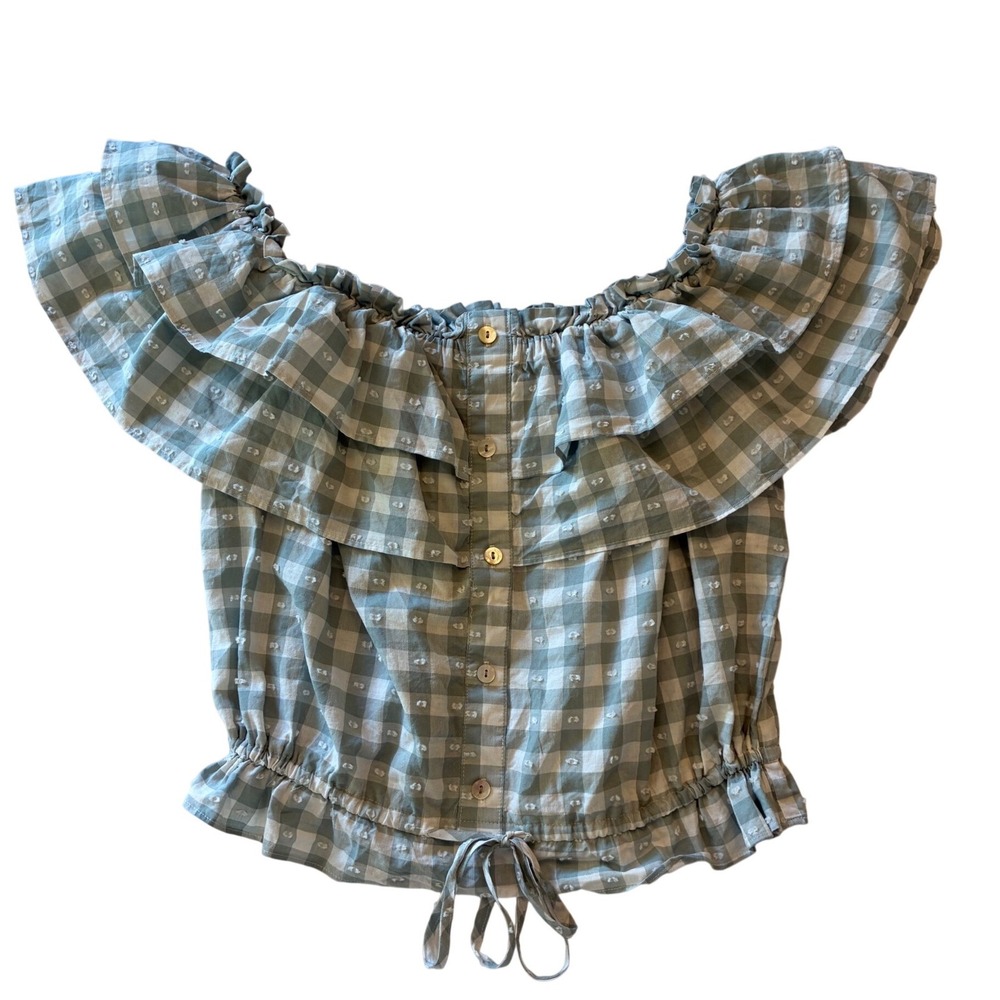 LC Lauren Conrad Blue Gingham Off Shoulder Ruffle Peasant Top Large‎ Cottagecore